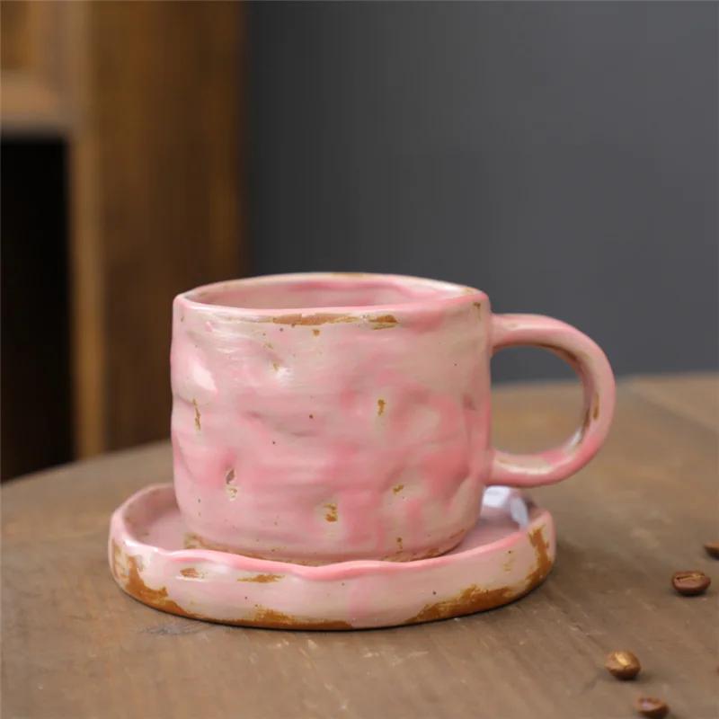 Retro Ceramic Cup Cross-border Mug Japanese Style Simple Afternoon Tea Cup Creative Coarse Pottery Coffee Cup Saucer Set