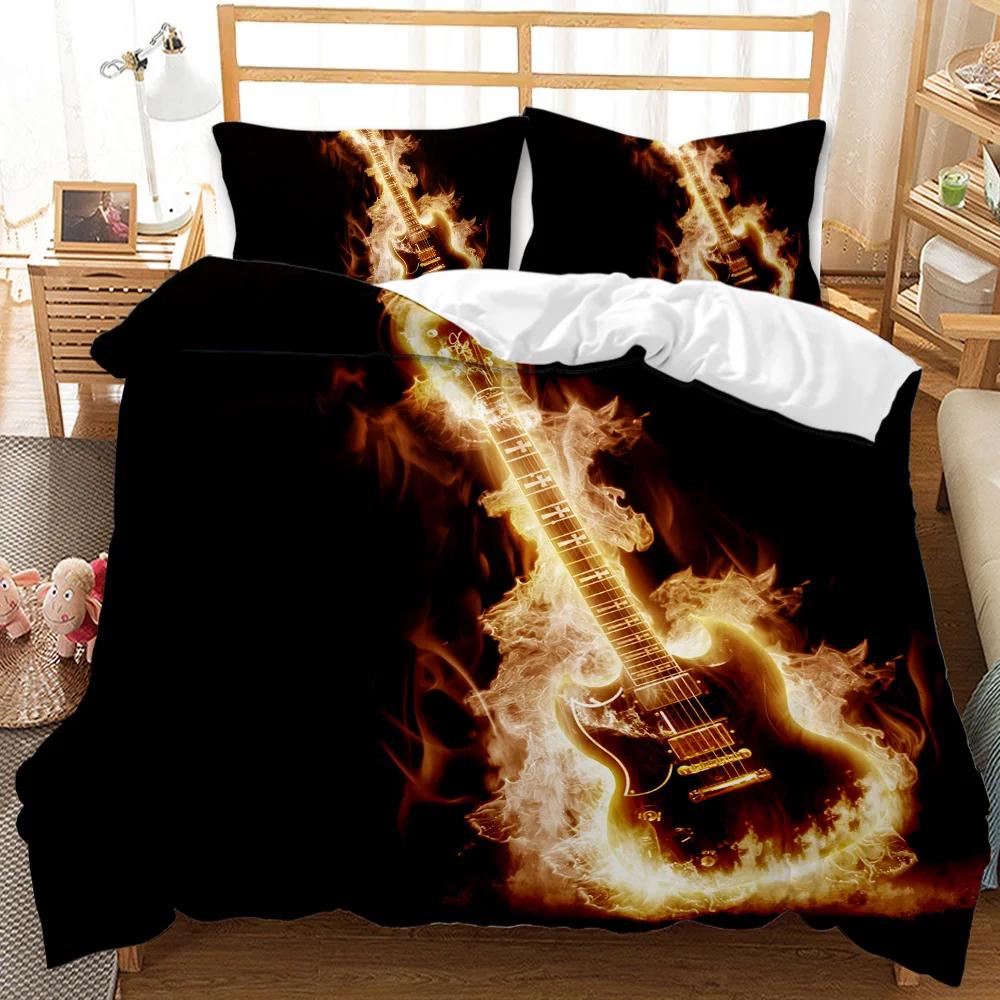 Guitar Duvet Cover Set Twin Rock Music Comforter Cover Set Hip Hop Hippie Quilt Cover Blue Guitar Polyester Bedding Set For Teen