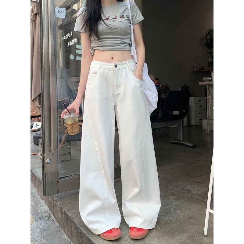 Washed White Denim Pants Women's Autumn Low Waist Loose Drooping Loose Pants Mop Pants Easiest for Match Machete Pants