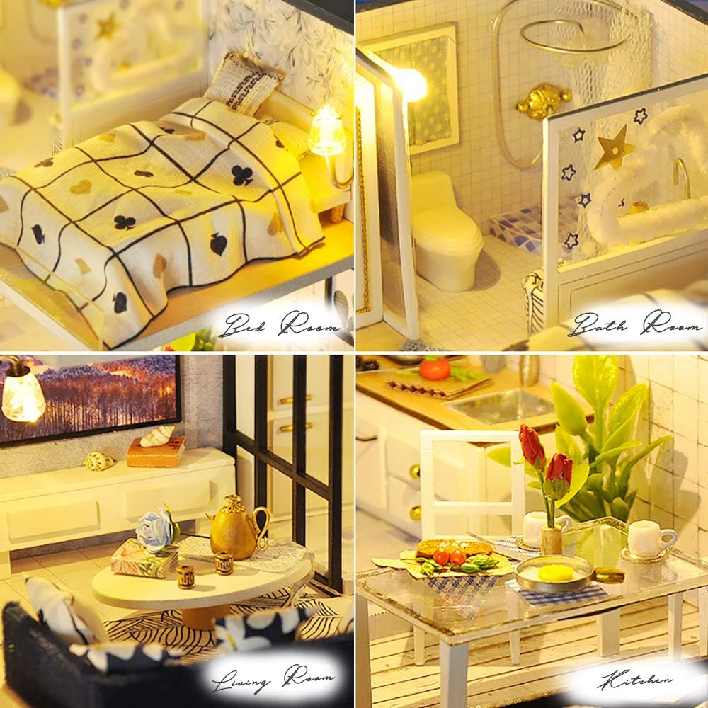 Moin Moin Dollhouse Miniature Handmade Kit Modern Two-Story Model Room with LED Light and Acrylic Case