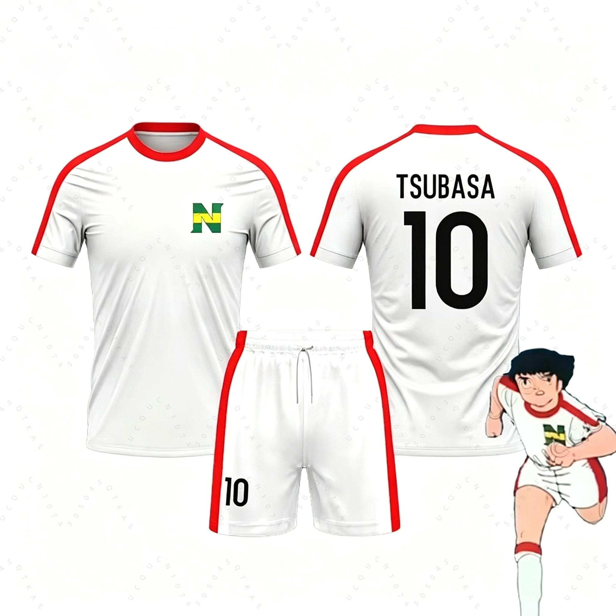 Captain Tsubasa Fußball Nr. 10 2-teiliges Outfit Kinder Trainingsanzug T-Shirt Shorts Damen Herren Sportbekleidung Harajuku Sommer T-Shirt und Shorts 130 white