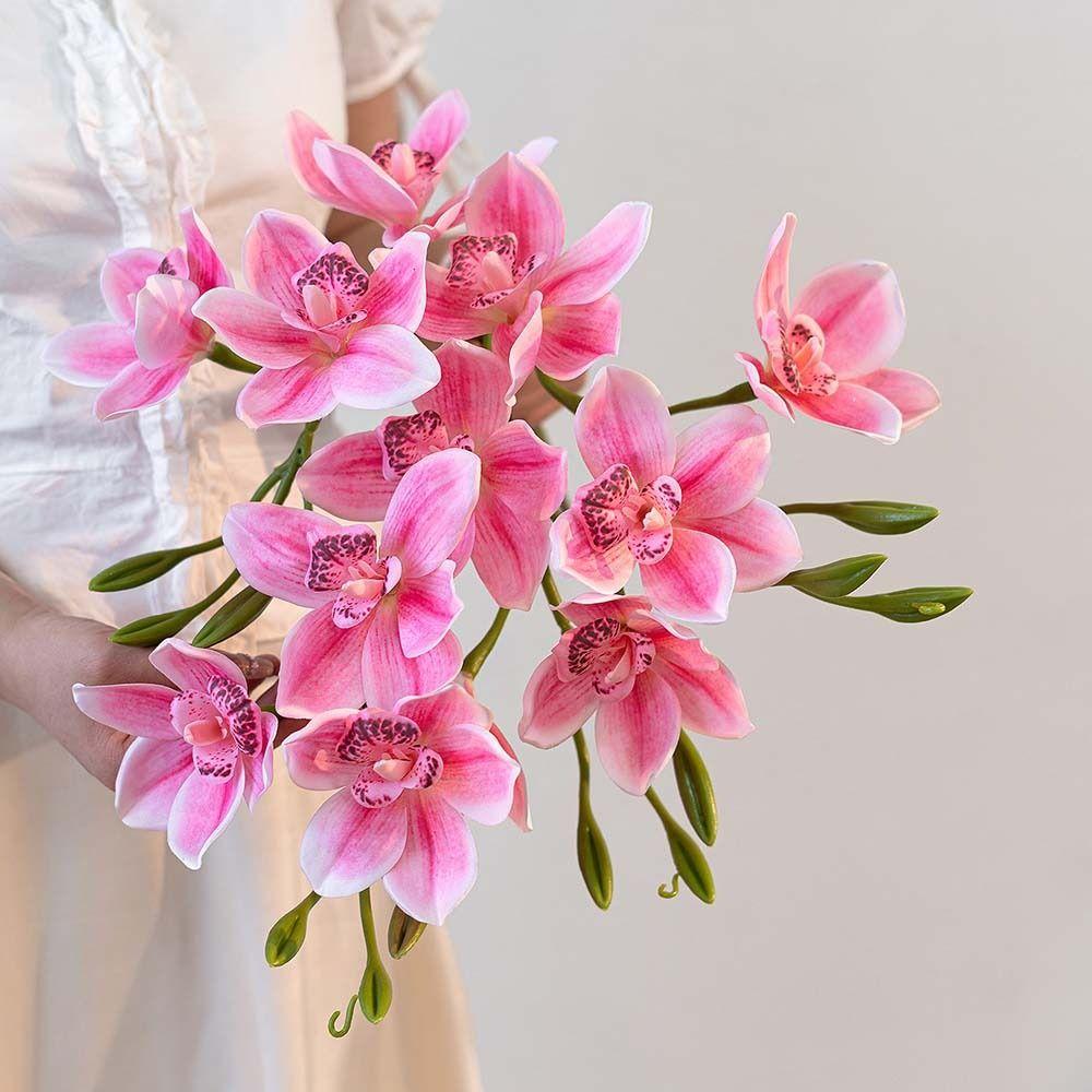 Silk Material Faux Flower 3 Heads Design Artificial Flower Stem Simulated Orchid  Tea Room Decor