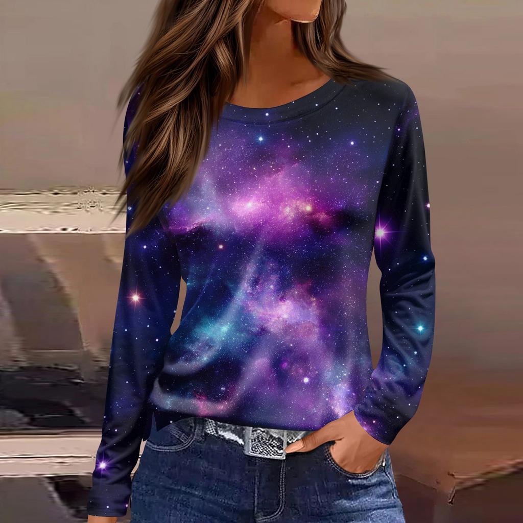 Women's Fashion Casual Slit Hem Round Neck Long Sleeve Loose Printed T,Shirt Ladies Top