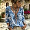 Women's Casual Vacation Floral Deep V-Neck Three-Quarter Sleeve Blouse with Puff Ruffle Cuffs