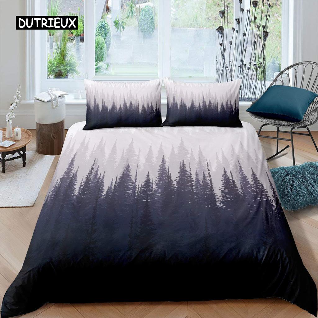 Smoky Mountain Duvet Cover Set Pine Trees Comforter Cover Boys Landscape Quilt Cover Natural Scenery Art Polyester Bedding Set