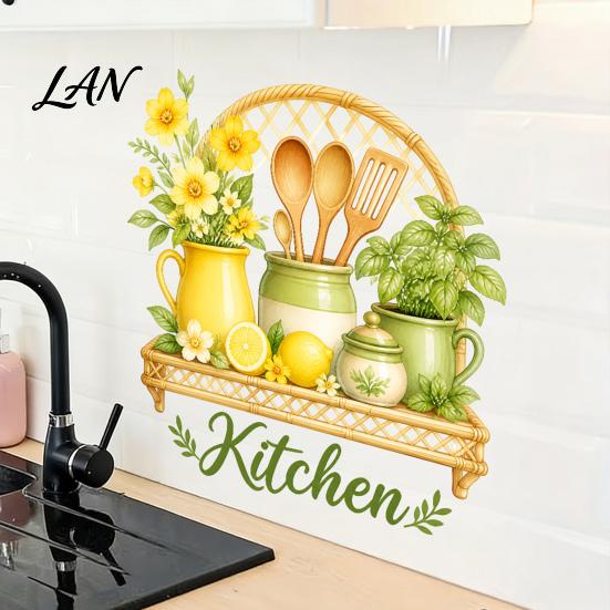 Adesivi Murali in PVC, Adesivi per Cucina ad Acquerello, Pianta Verde Limone Teiera Auto?Adesivi Decorativi, Paraspruzzi Impermeabili Adesivi Decorativi per Fornelli per