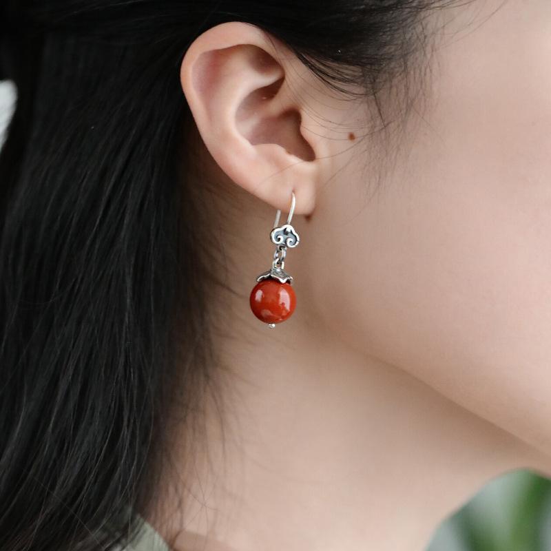 PANJBJ 925 Sterling Silver Red Agate Earrings For Women Circular Retro Ethnic Cloud Versatile Jewelry Birthday Gift Dropshipping
