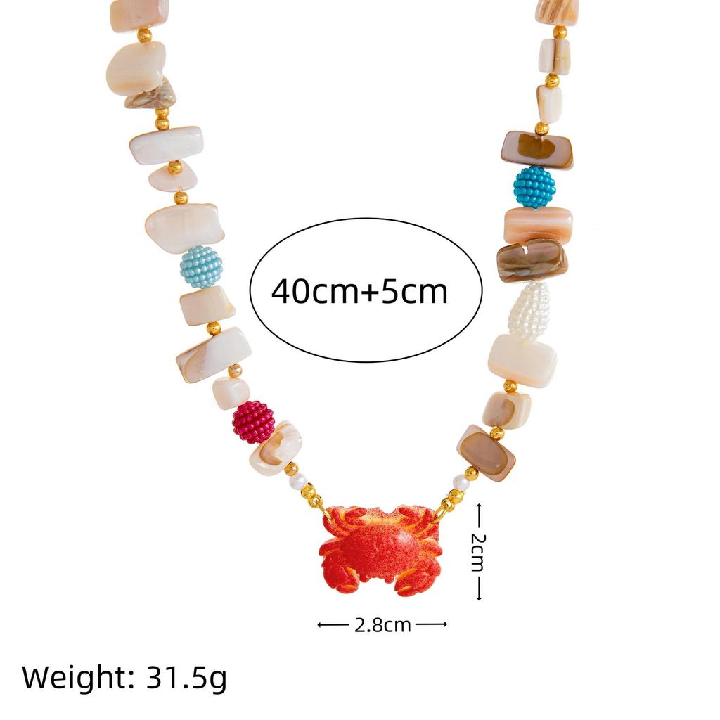 European-American Summer Ocean Necklace: Shell, Crab, Fish, Starfish Stone Pendant & Colorful Beaded Chain for Women