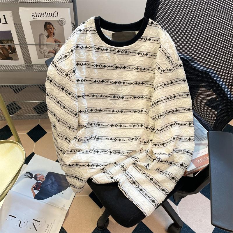 

Striped Women s Long Sleeved T-shirt Thin Round Neck Contrasting Color Pullover Innerwear Loose Autumn Woman Casual Tops XXL бежевый