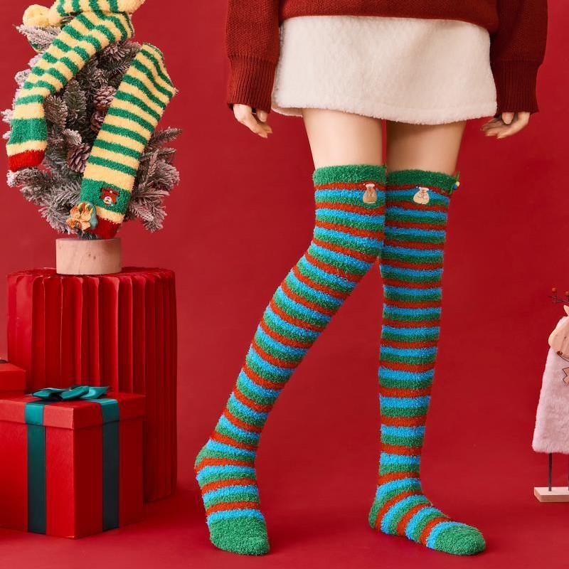 Christmas Stockings, Non-shedding Coral Fleece Half-fleece Stockings, Knee-high Stockings, Floor Stockings, Women's Thickened Warm Fleece Stockings