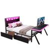 Piattaforma Letto da Gioco Grande 140x200 cm in Metallo con Testiera LED, Scrivania LED e Due Cassetti, Nero