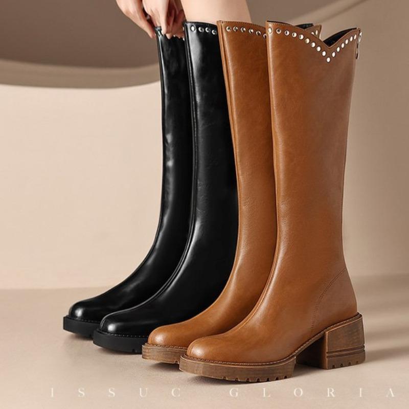 Modische vielseitige High-Top-Stiefel mit dicker Sohle und dickem Absatz für Damen, Modell 2024 mit Reißverschluss hinten, hochhackige Reiterstiefel