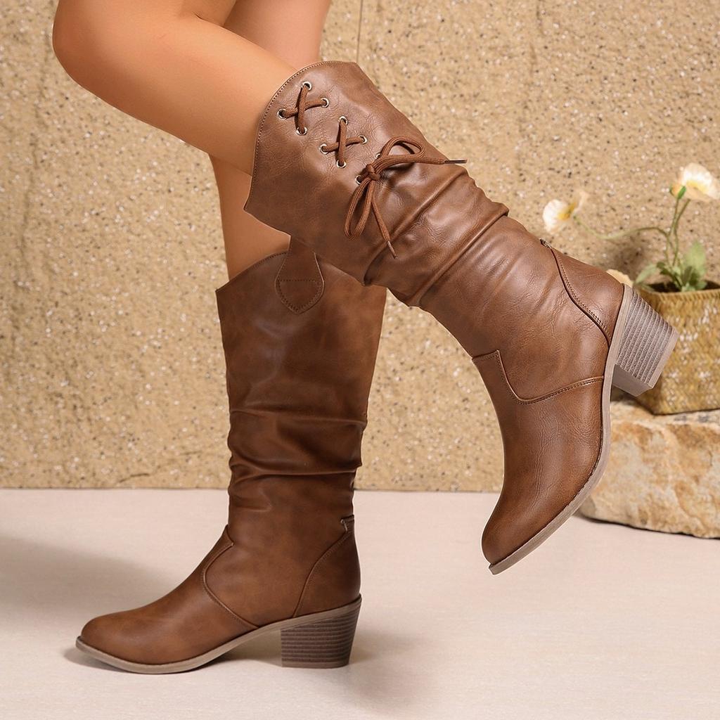 Fashion 2025 New Women Knee-High Boots Brown Slip-On Round Toe Pleated Women Boots Mid-Calf Leisure Style Spring Autumn Shoes for Women