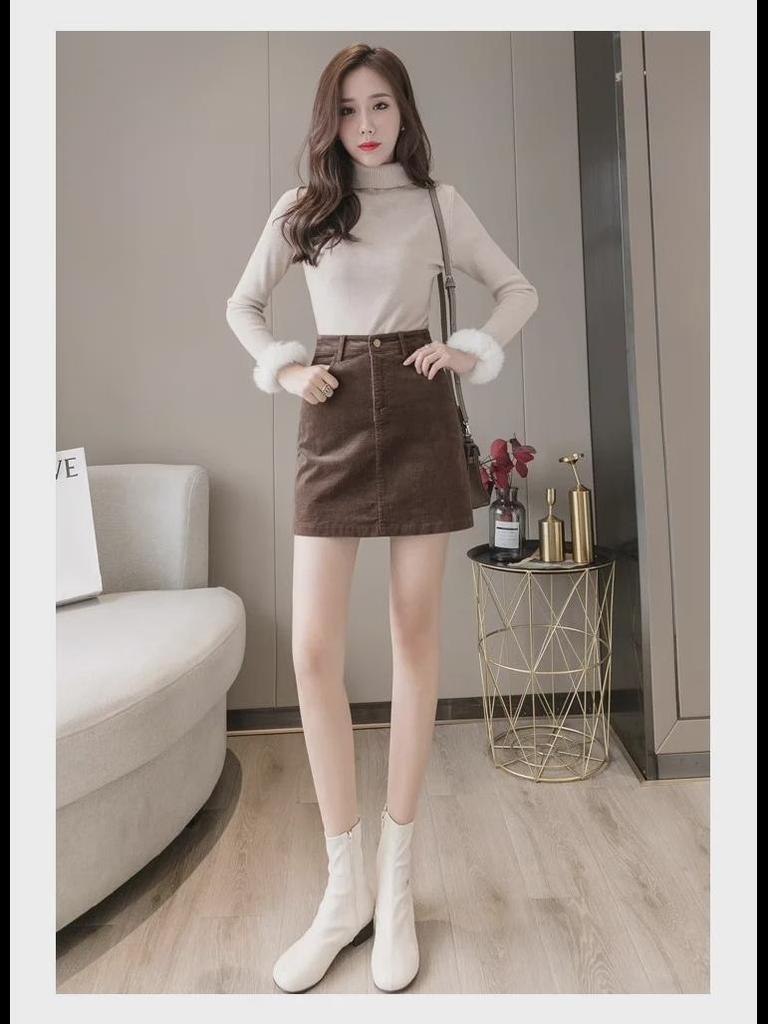Women's High Waist Brown Corduroy A-Line Skirt - 2023 Autumn/Winter Collection