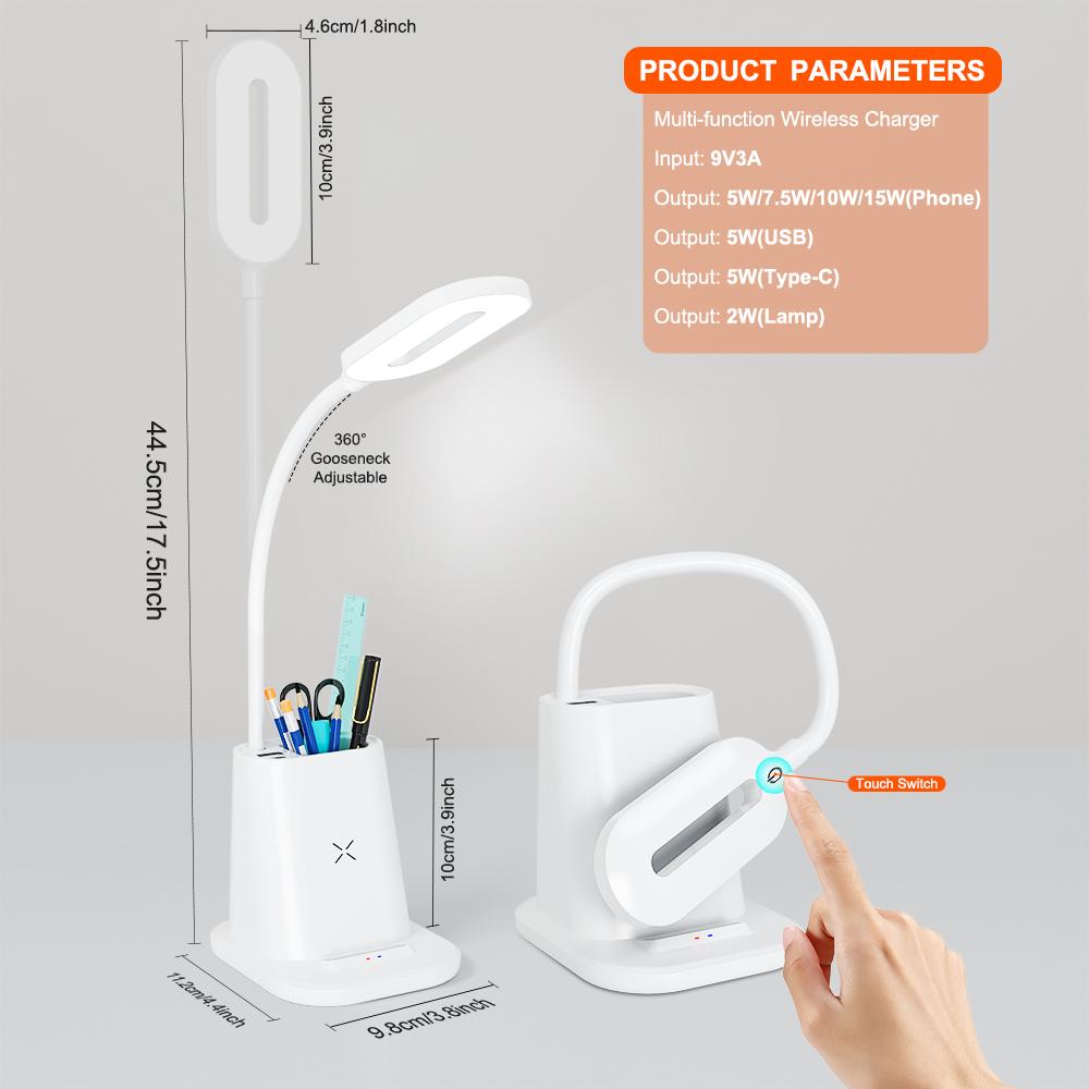 4-in-1 Multifunktionale Kabellose Ladestation Schreibtischlampe mit Stifthalter 15W Schnellladefunktion für Handy für Büro Alltag