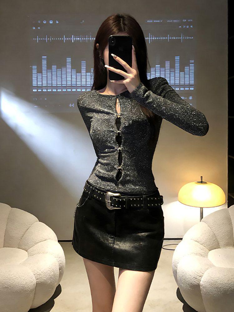 Reversible Bowknot Hollow-Out Round Neck Slim-Fit Long Sleeve Women's Spring Top