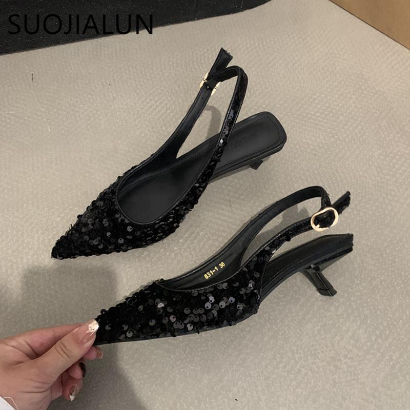 Fashion SUOJIALUN 2025 New Bling Women Sandal Fashion Pointed Toe Shallow Slip On Ladies Elegant Slingback Shoes Med Heel Pumps Shoes