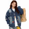 American Retro Embroidered Denim Jacket with Distressed Finish and Lapel, Unisex Street Style.