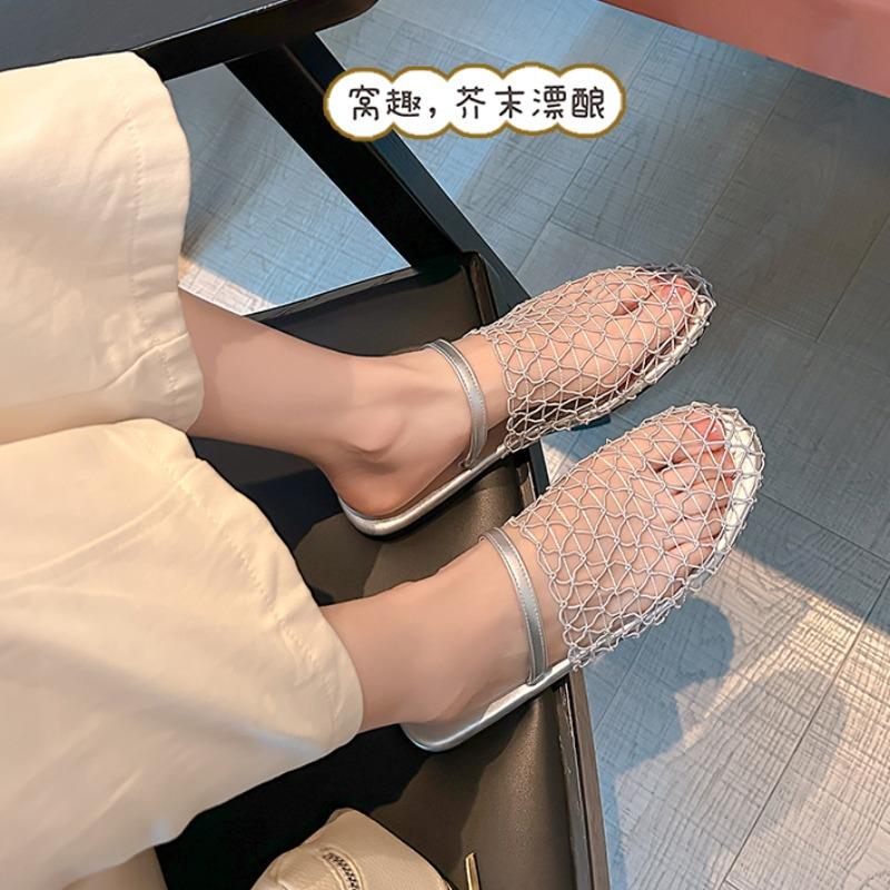 Stylish hollow mesh bag head drag with beach flat bottom half slippers women's sandals