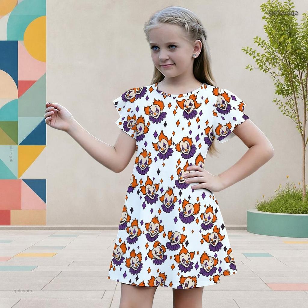 Girls White Halloween Printed Dress Round Neck Flutter Sleeve A Line Flared Dress
