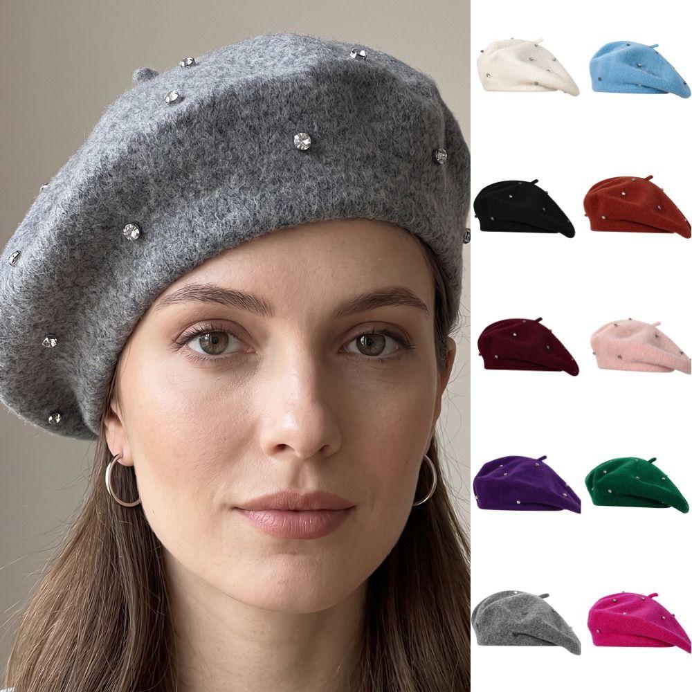 Starry Sky Rhinestones Beret Multi color Artist Hat Fashion Wool Beret Winter