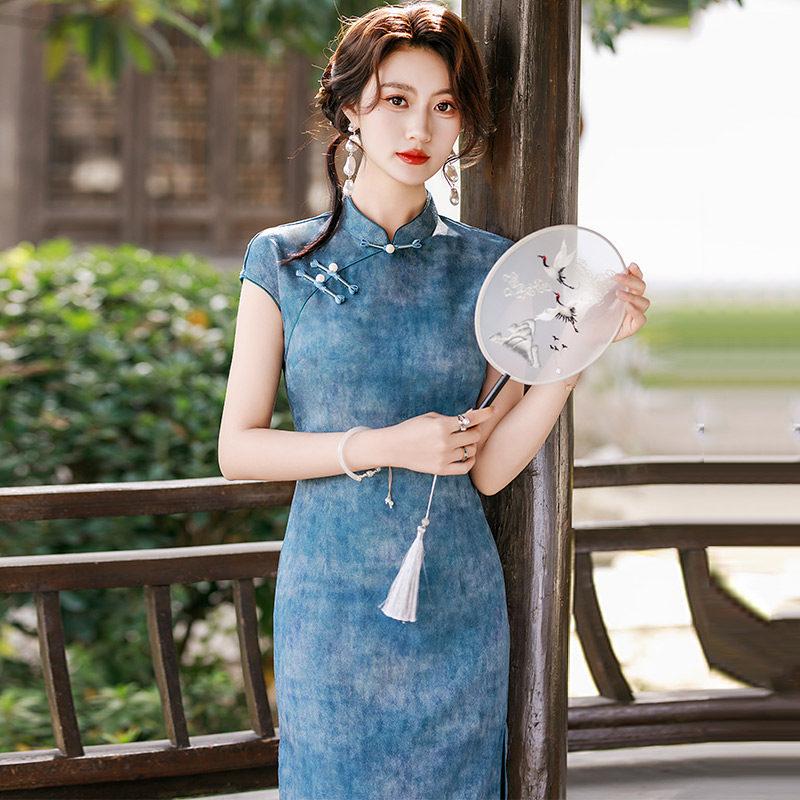 Blue National Style New Chinese Long Improved Cheongsam 1011 New Young Women's High-end Sense Retro Waist Summer