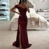Třpytivé plisované šaty Elegantní výstřih do V Odhalená ramena Maxi Krátký rukáv Detail pasu Dlouhé Úzké Večerní párty Maturitní Ples Štíhlé Sexy Rozparek Jednobarevné Odhalená ramena