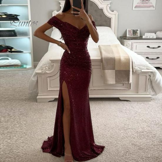 Třpytivé plisované šaty Elegantní výstřih do V Odhalená ramena Maxi Krátký rukáv Detail pasu Dlouhé Úzké Večerní párty Maturitní Ples Štíhlé Sexy Rozparek Jednobarevné Odhalená ramena