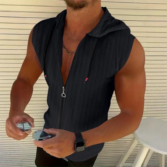 Men Hooded Zip-up T-Shirt Jacquard Sleeveless Hoodie Tee Stylish Textured Summer Tank Top for Gym Street Party Holiday