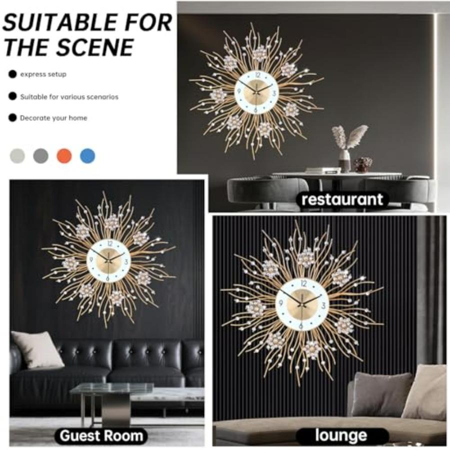 Large Silent Sunflower Shape Wall Clock Iron Metal Modern Non-Ticking Round Dial 27.5 Inch Chic Decorative Clock for Living Roo