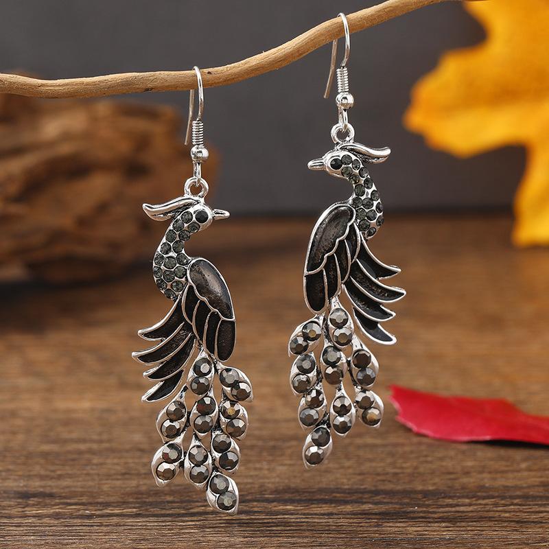 Blue Drop Oil Rhinestone Peacock Earrings for Women Ethnic Vintage Long Silver Color Geometric Animal Earrings Boho Jewelry Gift