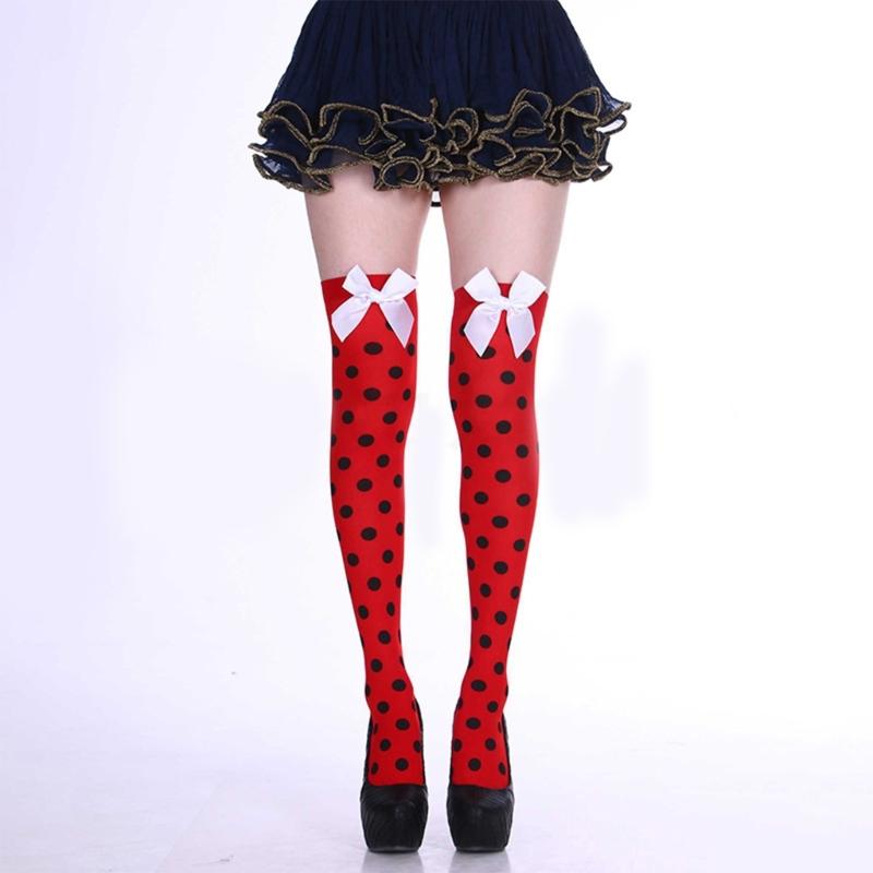 Sweet Bowknot Accent Thigh High Long Socks for Women Halloween Cosplay Parties Fishnet Striped Thigh High Stockings