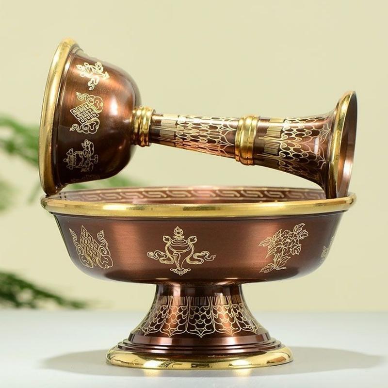 Tibetský strážný pohár k poctě, Bronzová měděná rytina, Dvouvrstvá ruční práce, Buddhistická svatá miska, Buddhistický náboženský předmět, 1 sada