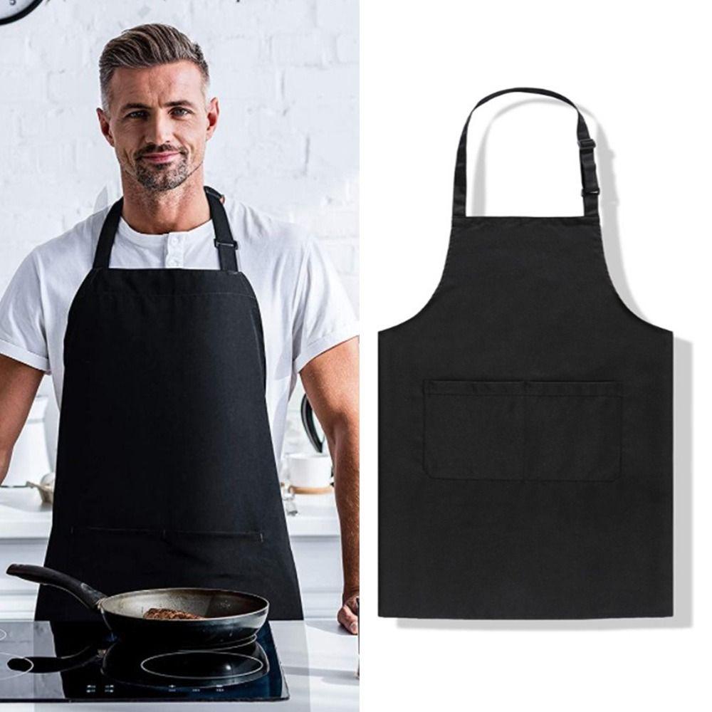 Jednoduchá voděodolná zástěra z polyesterové bavlny Černá Anti-špinavá Kuchyňská zástěra s velkou kapsou Nastavitelná Kuchařská pracovní zástěra BBQ