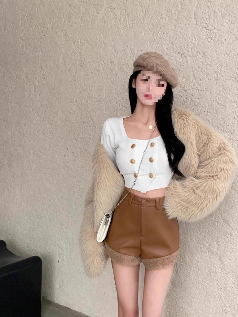 Women's Coffee Ruffled Winter Lamb Wool High-Waist Wide-Leg Retro Booty Shorts