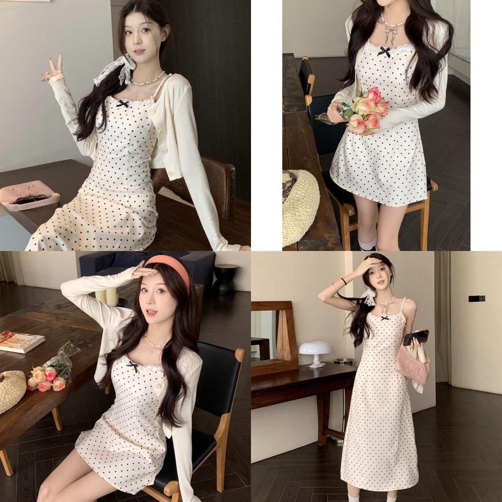 Summer Korean Style Butterfly Knot Polka Dot Slip Dress With Soft Polyester Fabric For Petite Women