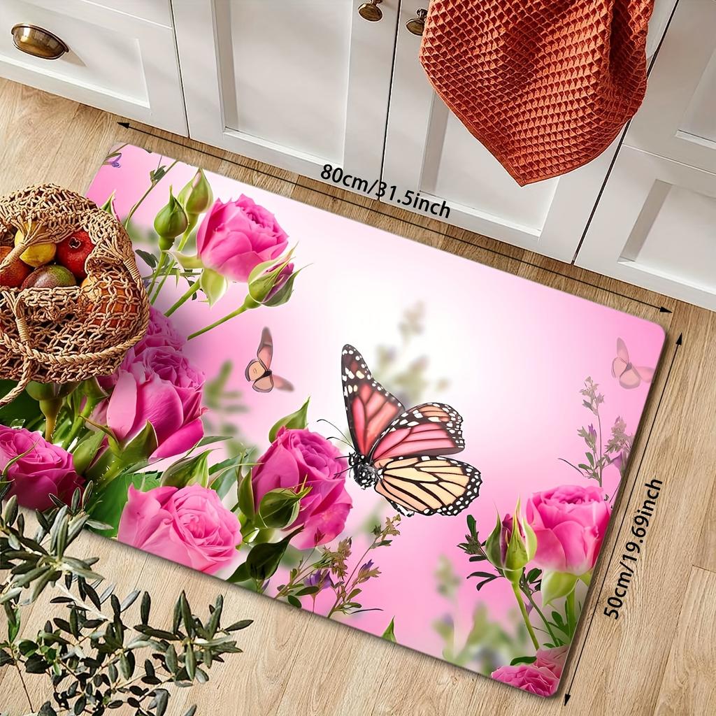 1Pcs Butterfly Flying On The Pink Rose Kitchen Rug Anti-Fatigue Kitchen Rug Waterproof Non-Slip Rugs Set Runner Rug Bedside Rug Absorbent Carpet
