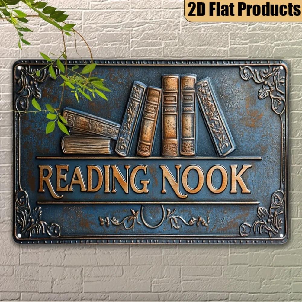 Vintage "Reading Nook" Metal Wall Decor - Retro 2D Flat Plaque for Home Office - Bookworms Ideal Gift