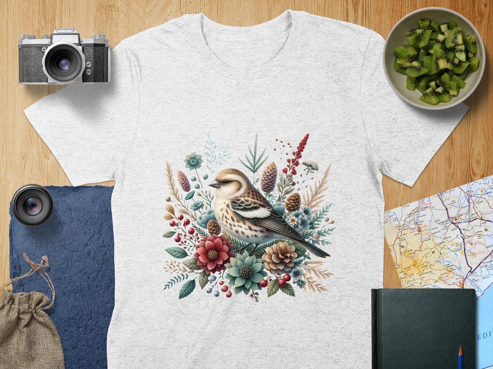 White-winged Crossbill Beautiful Bird Floral Design T-Shirt, Winter Floral Bird Lover Tee, Perfect Gift for Bird Watchers, Nature Apparel 4XL