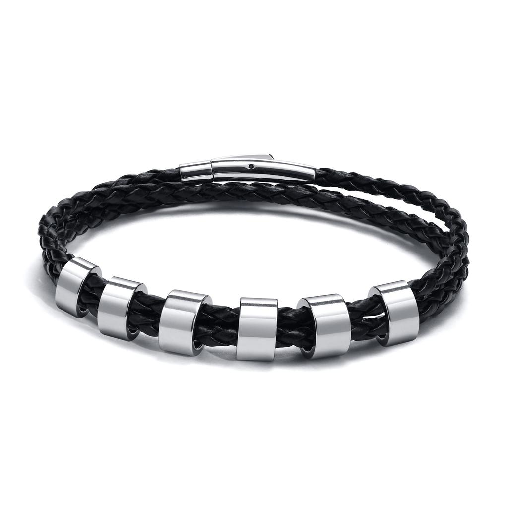 Vnox Free Custom Name Mens Braided Genuine Leather Bracelet Gifts Jewelry,Stainless Steel Beads Charm with Family Names,Dad Gift