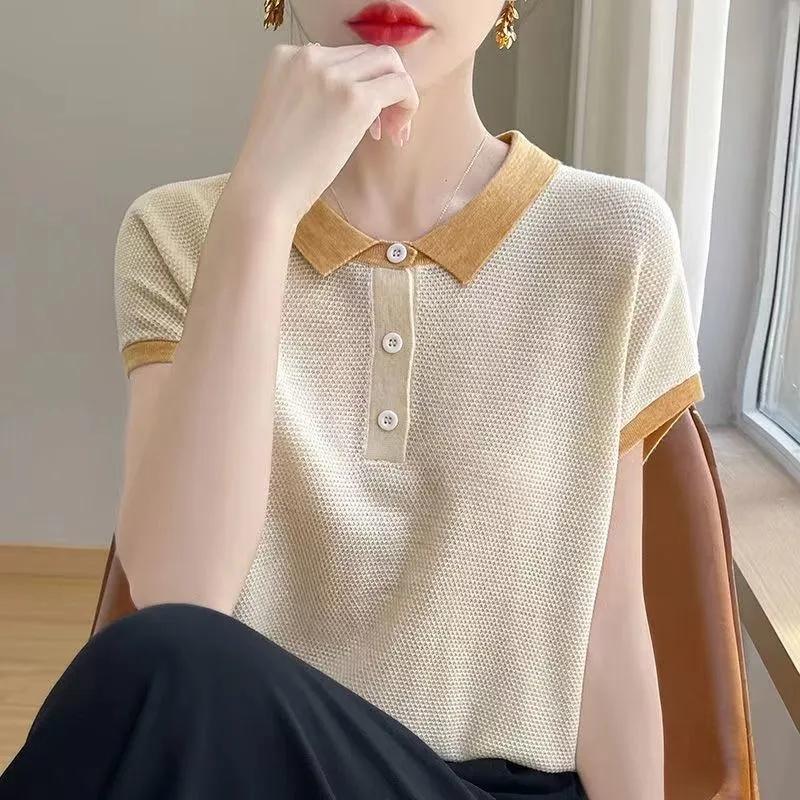 Women s T-shirt Summer Fashion Age Reduction Lady T-shirt Temperament Korean Version POLO Collar Ladies Knitted Tops S абрикосовый