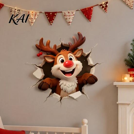 Home Beautification Decals Christmas Reindeer Wall Decal, 3D Hole Illusion Red Nose Rudolph Sticker, Durable PVC Stickers Peel And Stick Waterproof
