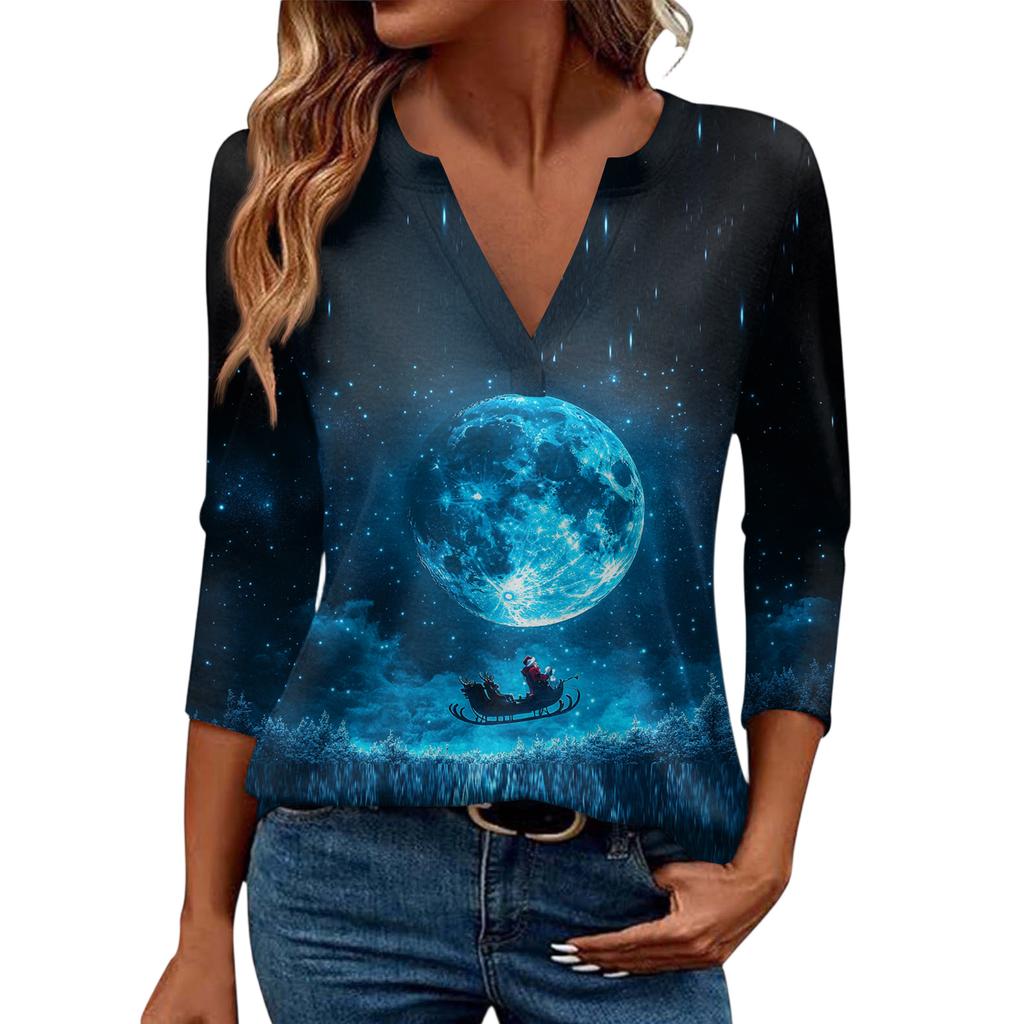 Women's Casual Fashionable Sexy Comfortable V-Neck Christmas Three-Quarter Sleeve Top