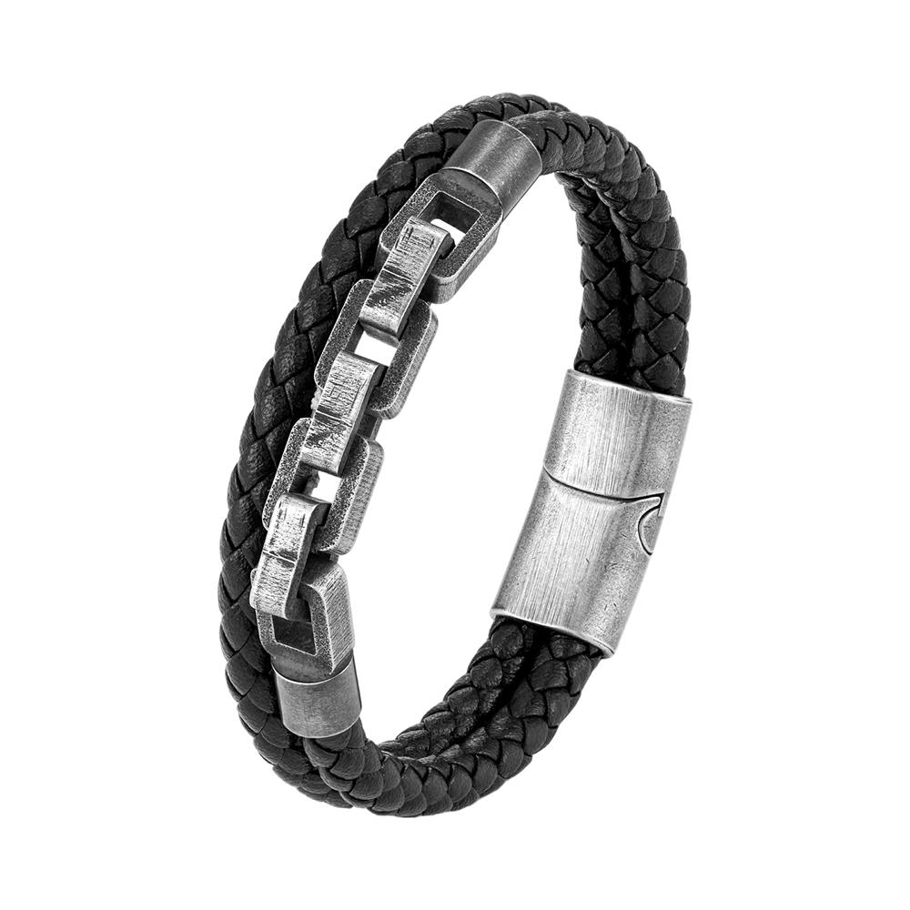 Retro Locomotive Men Punk Rock Bicycle Chain Double Strand Leather Bracelet Stainless Steel Magnet Buckle