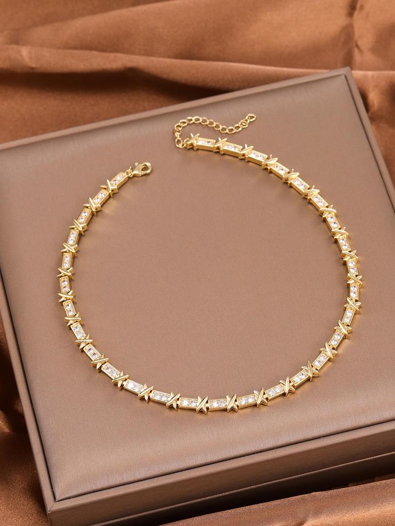 Two-Tone Gold & Silver T-Style Necklace Set with Cubic Zirconia and Design Accent X Clavicle Chain