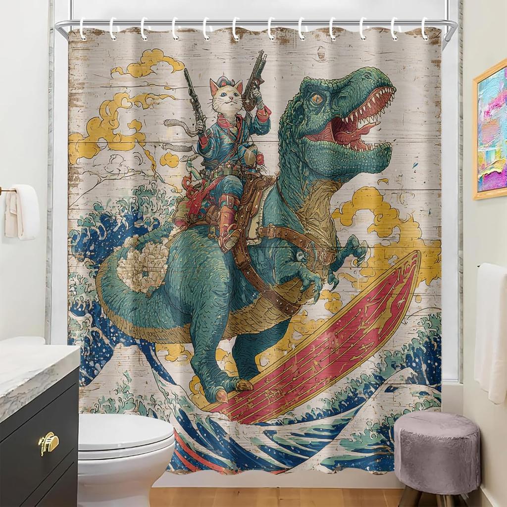 Tenda da Doccia Dinosauro Surfista 72X72 Pollici Arte Gatto Cyberpunk Fresco Arredo Bagno Stile Onda Giapponese Tessuto Impermeabile