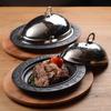Lava Cast Iron Oval Serving Plates And Bowls. With Wooden Platter 28X20cm.