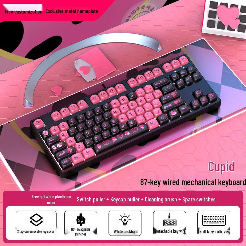 Moa Theme 87-Key Wired Mechanical Gaming Keyboard – Cute PBT Design for Office or E-sports