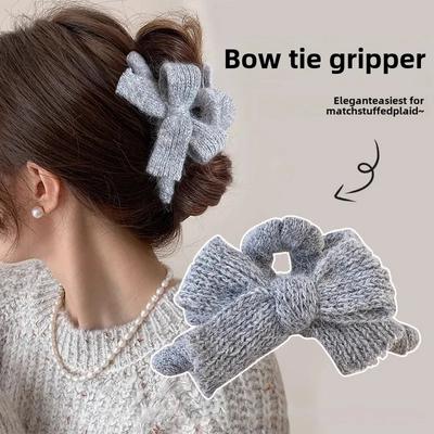 Clips de prindere cu fundă de pluș pentru toamnă și iarnă Clips cu gheare de lână Fundă simplă tricotată Gheară de păr de pluș Accesorii de păr lucrate manual pentru femei