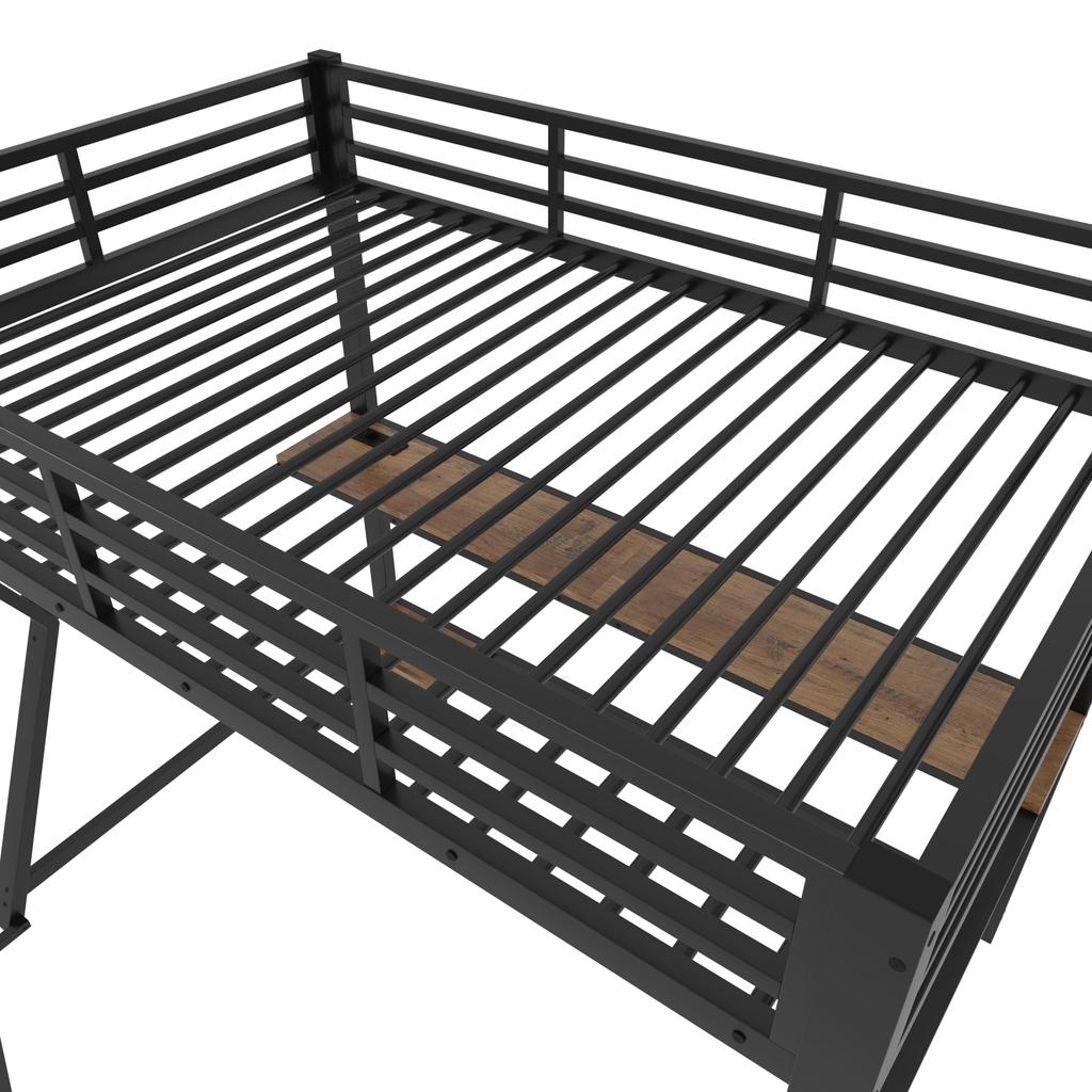 Hochbett Schreibtisch 90x200cm Kinder/Erwachsene, Ambientelicht, Steckdosen & USB, Metallbettgestell Lattenrost, Schwarz (ohne Matratze)